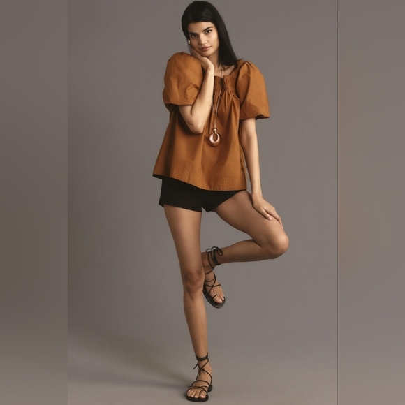 Maeve By Antropologie Women's Brown Puff Sleeve Top - Picture 3 of 15